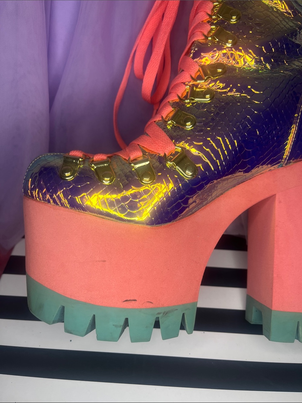 Iridescent Purple Platform Lace-Up Boots with Coral Laces - Picture 6 of 12